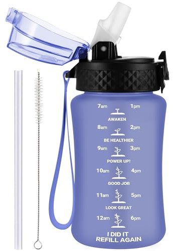 GOPPUS 350ml/12oz Kids Water Bottle With Straw Tritan Drinks Bottle with Strap Small Toddler Juice Bottles with Flip Top Lid Leakproof Children's Cup with Time Marking BPA free Girl Boy (Purple)