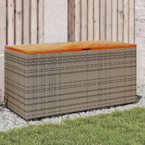 Homgoday Gartentruhe Gartenbox mit Stauraum Sitztruhe Kissenbox Auflagenbox Aufbewahrungsbox Kissentruhe Auflagentruhe Aufbewahrungsschrank Grau 110x50x54 cm Poly Rattan Akazienholz