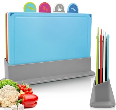 BOCHION 4 PCS Planche à Découper, Set Planche a Decouper Plastique Professionnelle sans BPA, Planches à Découper de Cuisine Antidérapante avec Support, Planche a Découper pour Viande Légumes Fruits