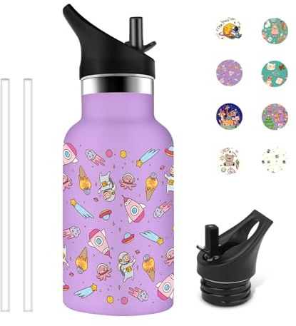 Grsta Gourde Isotherme, 350ml Gourde Enfant, Gourde Inox sans BPA, Gourde Personnalisée avec Paille, Gourde Anti Fuite, Facile à Nettoyer, pour l'école et la Maternelle, Violet-Univers