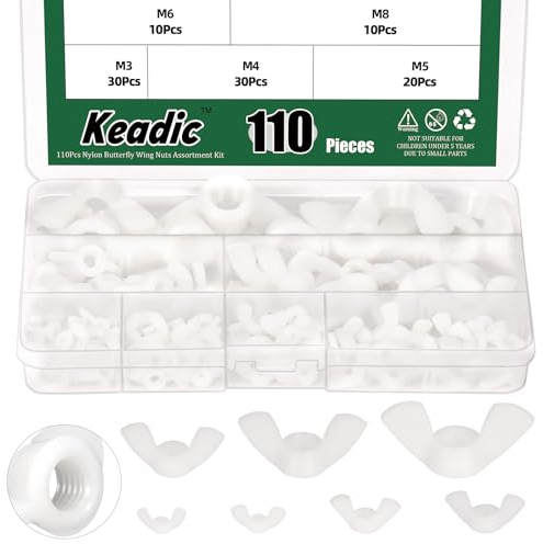 Keadic 110Pcs Nylon Metric Wing Nuts Assortment Set, M3 M4 M5 M6 M8 M10 M12 Hand Twist Tighten Ear Butterfly Nut Wingnuts for Home Building Industry (White)