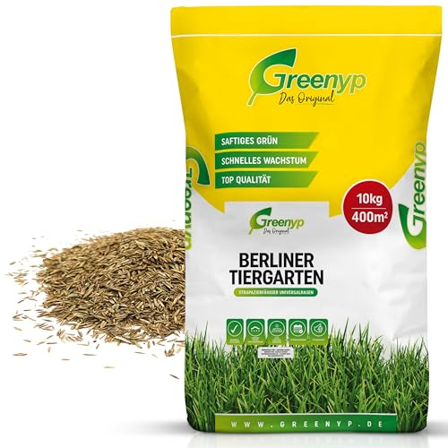 10kg Rasensamen Berliner Tiergarten I Rasensamen schnellkeimend für 400m² I robuster Universalrasen Zierrasen Rasen Nachsaat I Greenyp Grassamen Rasensaat Gras - ideal als Neu- und Nachsaat.