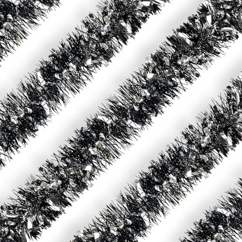 Black Silver Christmas Tinsel Garland, 10m/32.8ft Chunky/Fine Christmas Tree Hanging Tinsel Decoration Metallic Tinsel Xmas Decoration for Wall Fireplace Christmas Tree Decor (Black Silver)