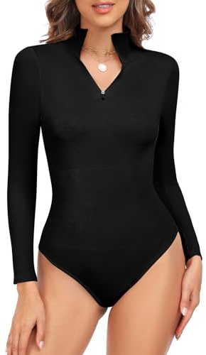UMIPUBO Body Donna Maniche Lunghe Tuta Intera Sexy Bodysuit con Cerniera Elegante Body Intimo con Bottoni Elastico Basic Tuta Aderente Slims Top Maglia Rompers (Nero, M)