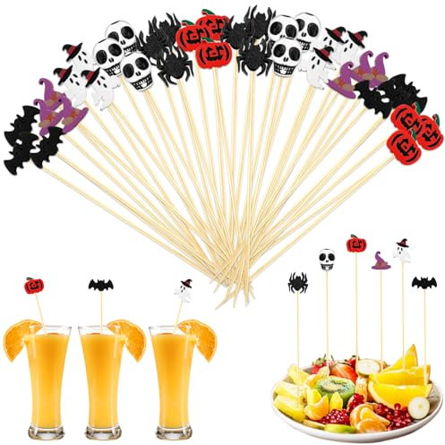 GreenYeah 100PCS Halloween Palillos de Cóctel, Palillos para Aperitivos con Halloween, Palillos Decorativos para Aperitivos, Palitos de Cóctel de Madera Brochetas para Frutas, Cócteles, Aperitivos