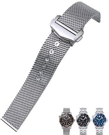 EAMOM Gewebtes Edelstahlarmband 20 mm für Omega 007 James Bond Seamaster Diver 300 Silber Massives Uhrenarmband mit Faltschließe
