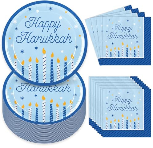 AnyDesign 48Pcs Happy Hanukkah Tableware Set Blue Candle Star Disposable Dinnerware 24Pcs Paper Plate 24Pcs Dinner Napkin For Chanukah Party Supplies Table Decor