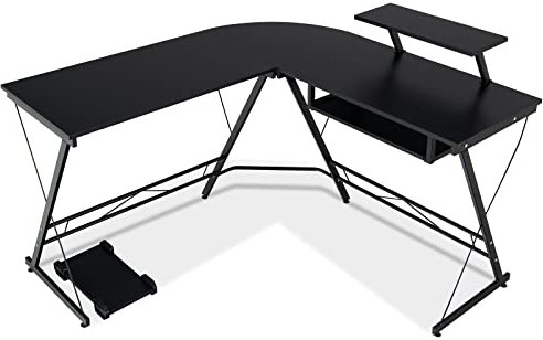 CASART L-Shaped Computer Desk, Home Office Corner Workstation with Removable Monitor Shelf, Pull-Out Keyboard Tray & Movable Host Stand, Metal Frame Study Writing Table Gaming Desk