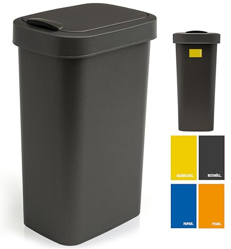 Hausfelder Mülleimer 50l groß mit Deckel in schwarz, Schwingdeckel Abfalleimer Küche mit 50 Liter, Tonne für Abfall, Recycling und gelber Sack