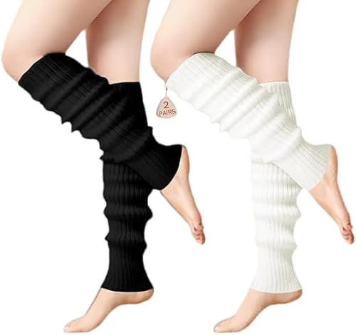 2 Pairs Leg Warmers, Leg Warmers 80s, Black Leg Warmers, White Leg Warmers Lady Fashion Long Boot Cuff Knee Socks Long Boot Socks for 80s Party Yoga Ballet Dance Ice Skating