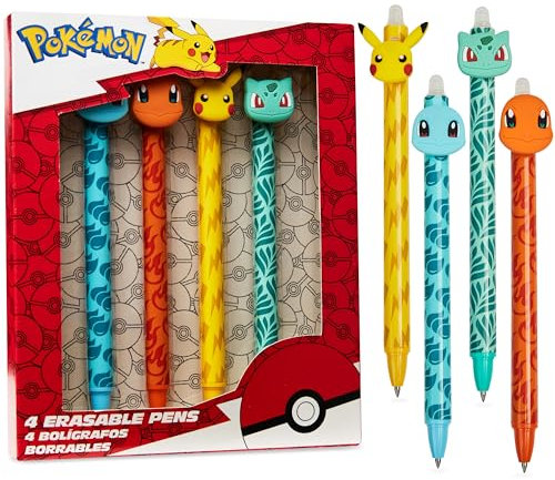 Pokemon Radierbarer Kugelschreiber Kinder 4er Stifte Set Blaue Tinte Pikachu Tintenroller mit Radiergummi Schule Geschenke für Jungs und Mädchen