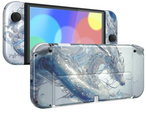 eXtremeRate Carcasa Completa para Nintendo Switch OLED, Tapa Trasera & Soporte Placa con Botones Coloridos para NSO, Funda Protectora NS Joycons - Dragón de Cristal