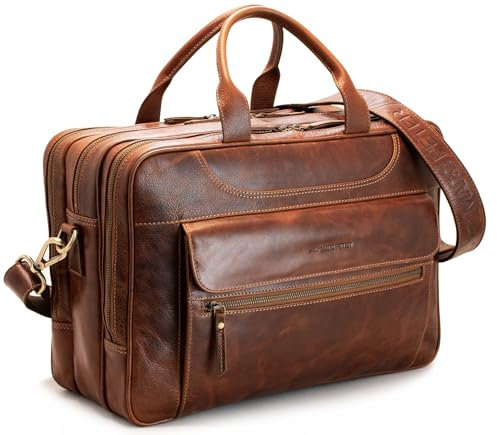 Marc Peter® Houston XXL Briefcase Leather Laptop Bag 15.6 Inch to 17 Inch Very Large Shoulder Bag Work Bag Office Bag Business Bag Real Leather for Men and Women, waxy tan, 15.6 Zoll