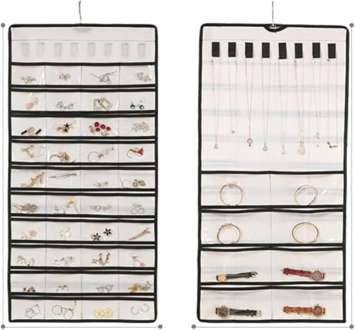 MLAHBT Schmuck Organizer Hängend, Schmuckaufbewahrung Doppelseitige mit Metallhaken Schmuckorganizer zum Aufhängen, Schmuckaufbewahrung für Ketten, Ohrringe und Armbänder (Schwarz, 48 Gitter)