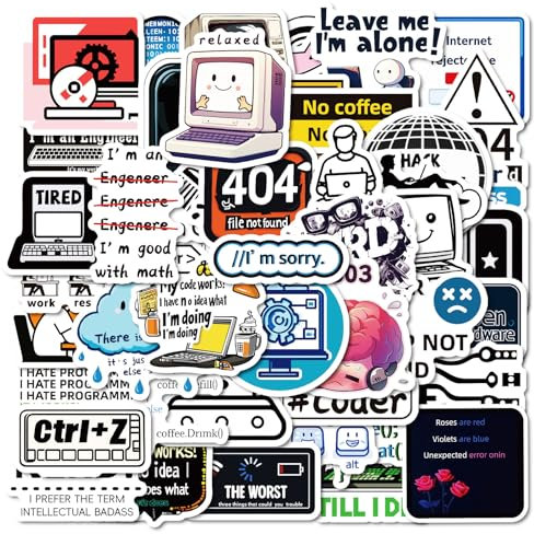 Tuyatezhi 50 Pcs Programmer Stickers for Laptop, Water Bottles, Bicycle, Skateboard, Computer, Wall, Graffiti, Vinyl, Waterproof, Retro Tech, Cartoon, Outdoor