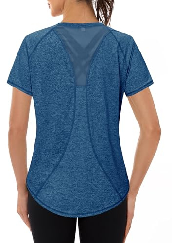 Gyabnw Tee Shirt Sport Femme Anti UV Haut de Fitness Élastique Col Rond Manche Courte Tee-Shirt Respirant Séchage Rapide UPF 50 Plus pour Yoga Course à Pied et Gym