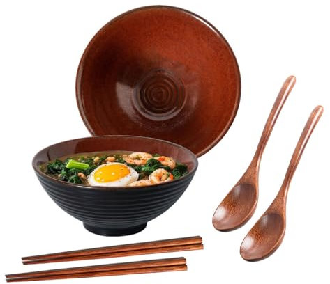 Ceraozmus 2x Ramen Schüssel Keramik - 1200ml - 20 cm -Mit Löffel und Essstäbchen for Ramen Soup Pho Udon Asian Noodles,Large Noodle Bowls (Braune Glasur 2 Satz)