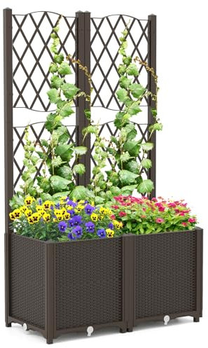 RELAX4LIFE Blumenkasten mit Rankgitter, Rankgitter mit Rattanoptik Pflanzkasten, Pflanzkübel mit Spalier, Hochbeet mit Rankhilfe, Spalier mit Blumentopf für Garten (Kaffee, 80 x 40 x 140 cm)