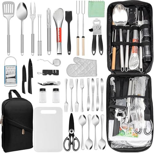 ASMIZ 35-teiliges Camping Kochutensilien Set, Tragbare Camping Küche Utensilien, Outdoor Kochgeschirr Set für Picknick, Grillen, Reisen und Outdoor-Aktivitäten