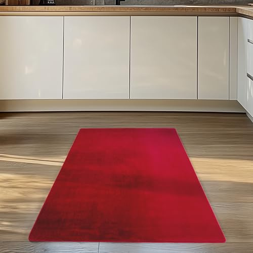 Carpettex Läufer Teppich Rot 80x150 cm- Kurzflor Teppich Waschbar, weich & rutschfest, modernes einfarbiges Design für Schlafzimmer, Küche & Flur