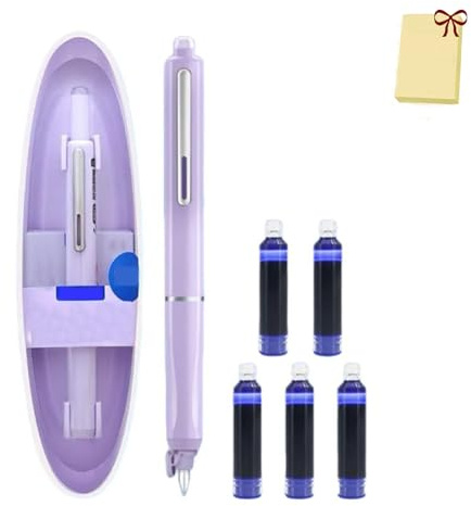 Retractable Fountain Pen, Multicolor Pressable Gel Pen, 0.38mm Blue&black Ink Barrel Includes 5 Refillable Ink Cartridges, Smooth Writing No Leaking (Purple,Erasable Blue)
