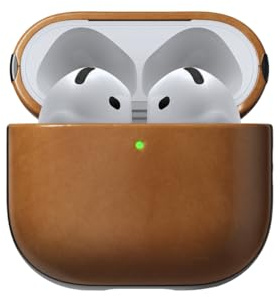 NOMAD Modern Leather Case für Airpods | Robuste Schutzhülle aus Polycarbonat und Echtleder | Gummierte TPE-Bumper | Airpods 4 | English Tan