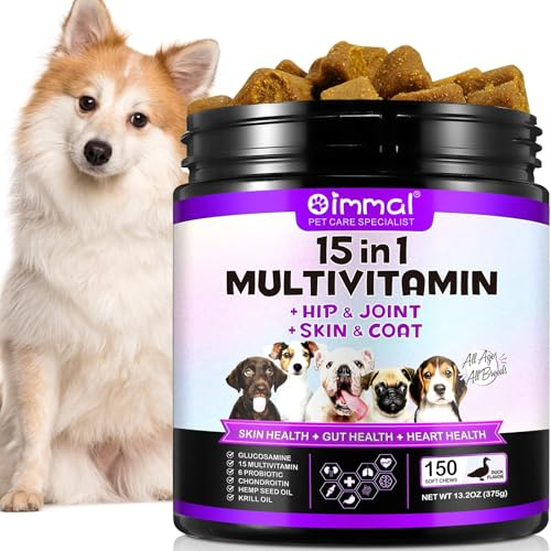 Multivitaminico 15 in 1 per cani - 150 snack masticabili con supporto per le articolazioni, salute digestiva, cuore, pelle e pelo - Vitamine per cani A, E, D3, B12 e minerali essenziali