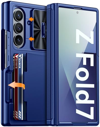 Vizvera für Samsung Galaxy Z Fold 7 Hülle mit Kartenfach, Kameralinsen-Schutzschieber, äußerem HD-Schutzdisplay, Scharnierschutz, Kratz- und stoßfester Ausführung Cover für Galaxy Z Fold 7 (Blau)