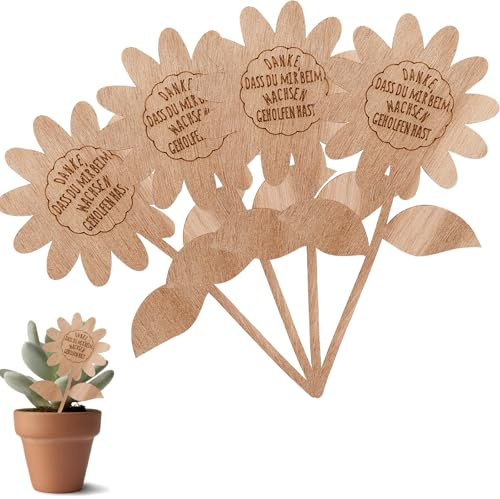 Nurila 4 Stück Holz Blumenstecker, Danke Dass Du Mir Beim Wachsen Geholfen Hast, Blumenstil Holzkarte Holzstecker Blumentopf, Blumenstecker für Geschenk Erzieherin, Abschiedsgeschenk Erzieherin