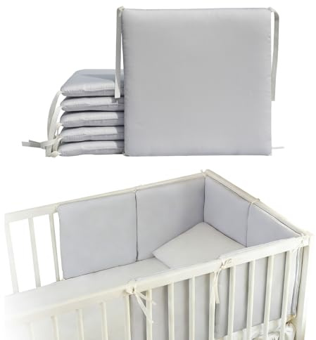 Watproofit Randpolsterung Bett 6er Set (Grau) | Weiche & Atmungsaktive Netzstoffpolsterung als Bettumrandung, mit Riemen Befestigung, Waschbar für Babybett
