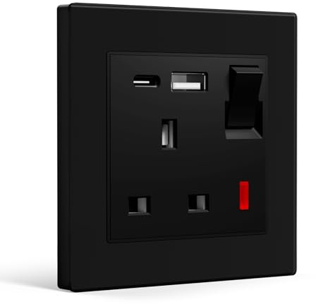 BSEEDLIFE Single Switched Wall Socket,Electric Plug Socket Outlets with 20W USB/USB-C,13 A,Glass Panel Outlet Compatible with 3 Pin UK Standard Plug,86mm Black