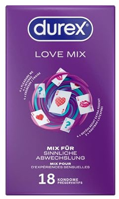 Durex Love Mix Kondome-Mischung – Vielseitige Mixpackung mit 5 verschiedenen Kondom-Sorten zum Ausprobieren – 18er Pack