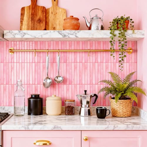 indabyo 20 Sheets Marble Effect Tile Stickers Stick on Tiles Backsplash | Kitchen Bathroom Wall Self Adhesive Vinyl Waterproof Peel and Stick Tile Covers Decals (Pink)