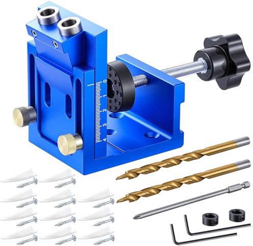 Pocket Hole Jig, Metal Pocket Screw Jig Kit, Accurate 15 Degree Angled Screw Jig with Adjustable Drill Guides, Woodworking Angle Joint Locator Tool with Drill Bit and Plugs for Carpentry Projects