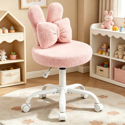 LEADZM Chaise Pivotante de Bureau Fauteuil Bureau avec Coussin Lombaire Tissu Velours Teddy Réglable en Hauteur Chaise de Chambre (Rose)