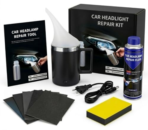 Ctopkatuo Auto Scheinwerfer Aufbereitungsset mit Zerstäuberbecher & 200ml Politur, DIY KFZ Scheinwerfer Reparatur Set für vergilbte, zerkratzte Linsen, inkl. EU-Stecker & Schleifpapier