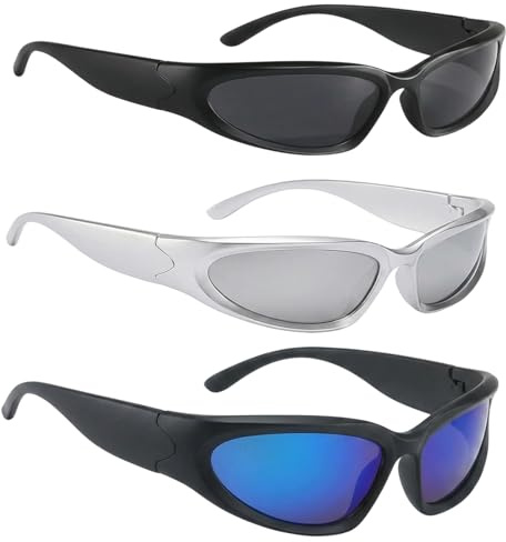 RzuoQnt 3 Stück Y2K Sonnenbrille, Schnelle Brille Rave, Techno Brille, Für Musikfeste und Partys, Leichtes Gestell mit Retro-Design, Schwarz, Grau und Blau