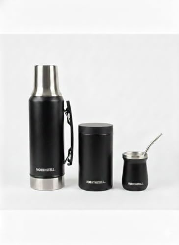 NORTHSTELL Kit Matero Premium Black – Termo 1,2 L + Mate con Bombilla de Acero Inoxidable + Yerbero 250 g con Pico Vertedor – Set Completo Negro