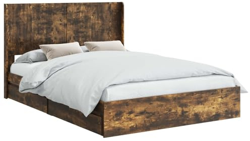 vidaXL Bettgestell mit Stauraum und Kopfteil Geräucherte Eiche, Moderner Schlafzimmerstauraum-Bett, rechteckiger Rahmen, schickes Latten-Design, platzsparendes Möbelstück