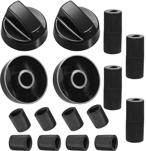 Black Cooker Knobs, 4 Pack for 6/8mm Spindles (Not for Hotpoint DH53K S) | Heat-resistant ABS, non-slip dials for gas hobs & electric ovens, 12 adaptors, check shaft shape (not for oval)