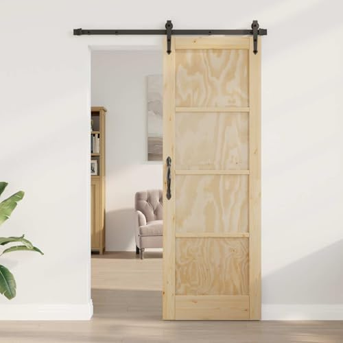 LoogCape Porta interna naturale in compensato e legno di pino massiccio, 73,5 x 211 cm, porta scorrevole salvaspazio per soggiorno, montaggio fai da te, design rustico per molteplici applicazioni