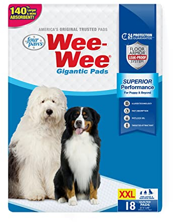 Four Paws Wee-Wee - Almohadillas para orina Grandes sin Perfume de Rendimiento Superior para Perros y Cachorros, Acolchadas a Prueba de Fugas, protección del Suelo, 27.5 x 44 Pulgadas, 18 Unidades