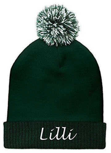 printplanet Pudelmütze mit Namen Lilli Bestickt - Farbe Grün - personalisierte Mütze, Strickmütze, Namensstickerei, Bommelmütze