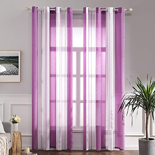 MIULEE Gardinen Gestreift Transparent mit Ösen-Voile Vorhänge Wohnzimmer Modern 2er Set, Vorhang Schlafzimmer Transparent mit Violett Weiss Gestreift Muster Vorhang Halbtransparent Streifen 140X245 CM