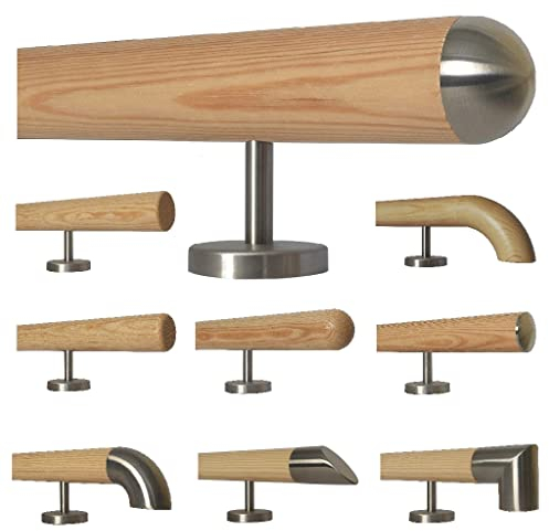 TIBU Kiefer Holz Handlauf Geländer 0,3m - 5m, Länge 200 cm, Ende Halbrunde Edelstahlkappe und 3 gerade Halter