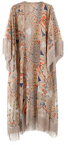 JAGETRADE Womens Summer Half Sleeve Chiffon Cardigan Boho Retro Geometric Floral Printed Fringed Tassels Patchwork Bikini Cover Up Ankle Length Kimono Cape