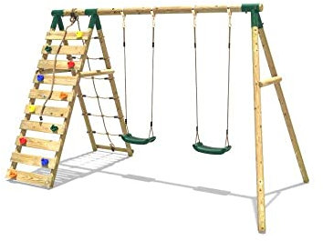 Rebo® Wooden Swing Set with Up and Over Climbing Wall - Ela Green | OutdoorToys | Cargo Net, Two Green Swing Seats, Sturdy Wooden Construction, Pressure Treated Timber