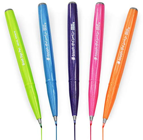 Pentel Brush Sign Pen SES15C - Brush Nib - Fibre Tip - Tropical Set of 5