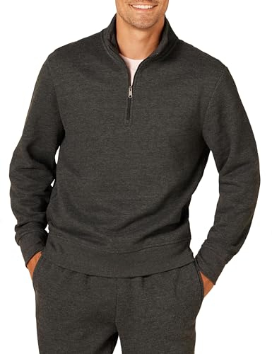 Amazon Essentials Herren Langärmliges Fleece-Sweatshirt Mit Viertelreißverschluss, Dunkelgrau Meliert, L
