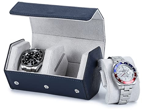 Hiram Hexagon Uhren-Reiseetui aus echtem Leder 2 Uhrenrollen-Etui Uhren Aufbewahrungsbox Schutz-Organizer für Armbanduhren (Blau)